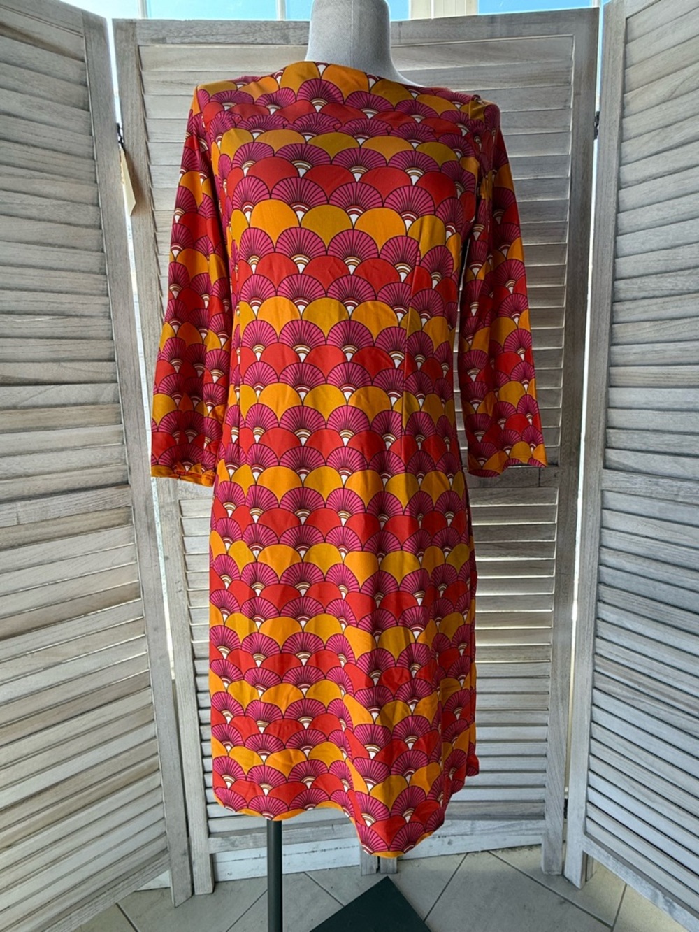 Jude Connally Shannon Dress Jude Cloth 3/4 Sleeve Pink Orange Fan Print Medium